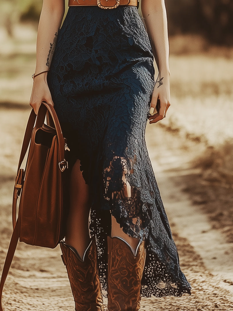 Robe Midi Sans Manches en Dentelle Vintage Boho pour Femmes – Bleu Marine