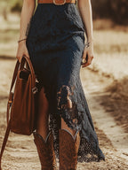 Robe Midi Sans Manches en Dentelle Vintage Boho pour Femmes – Bleu Marine