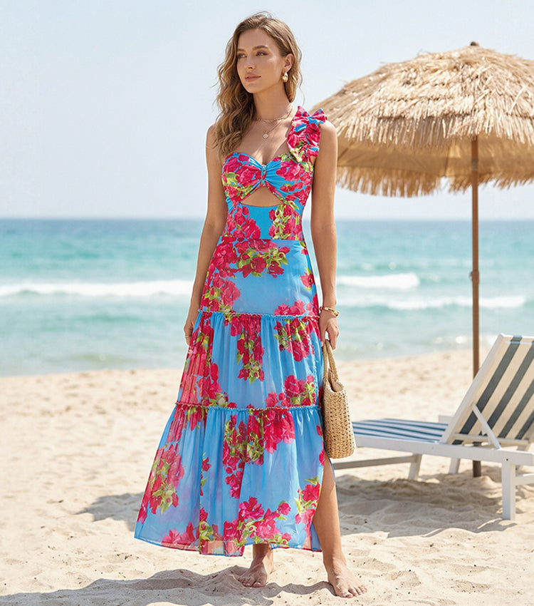 Ensemble Maillot de Bain Une Pièce Découpe Laser Floral Col V Bretelles Jupe Longue Bleu Tropical Resort Plage Vacances – Azuleiha