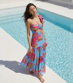 Ensemble Maillot de Bain Une Pièce Découpe Laser Floral Col V Bretelles Jupe Longue Bleu Tropical Resort Plage Vacances – Azuleiha