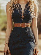 Robe Midi Sans Manches en Dentelle Vintage Boho pour Femmes – Bleu Marine