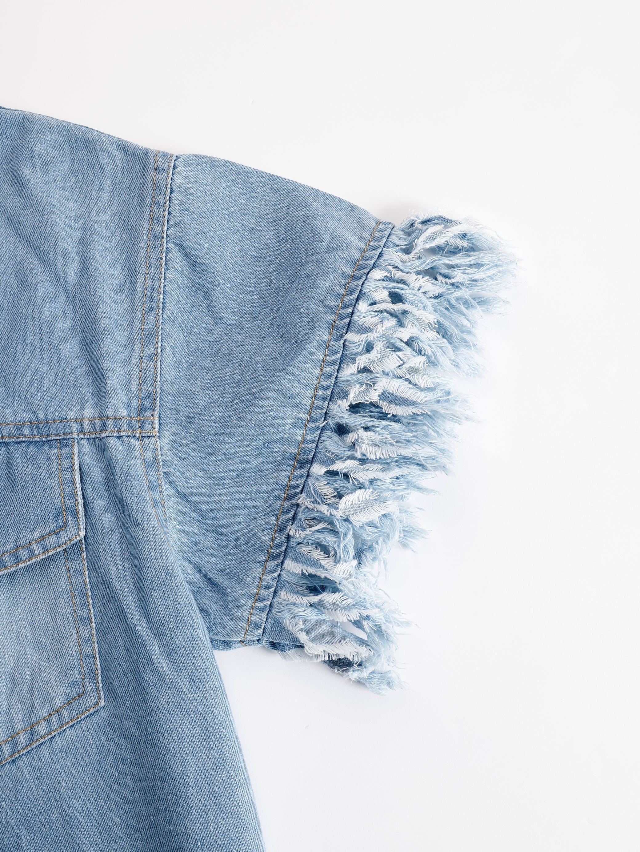 Robe Mini Chemise en Jean Vintage pour Femmes à Manches Courtes avec Franges à Franges, Décontractée, d'Été, Quotidienne, de Plage – Bleu Clair, Coupe Lâche