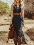 Robe Midi Sans Manches en Dentelle Vintage Boho pour Femmes – Bleu Marine