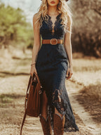 Robe Midi Sans Manches en Dentelle Vintage Boho pour Femmes – Bleu Marine