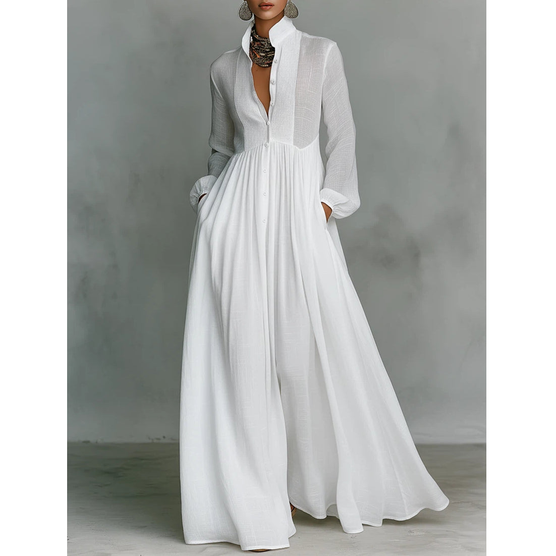 Robe Longue Formelle Décontractée En Coton Et lin Minimaliste Pour Femmes à Col Montant et Boutonnage Simple – Blanc