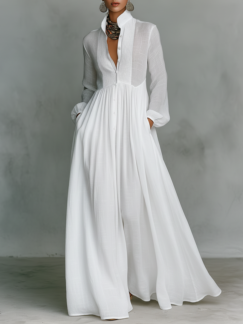 Robe Longue Formelle Décontractée En Coton Et lin Minimaliste Pour Femmes à Col Montant et Boutonnage Simple – Blanc