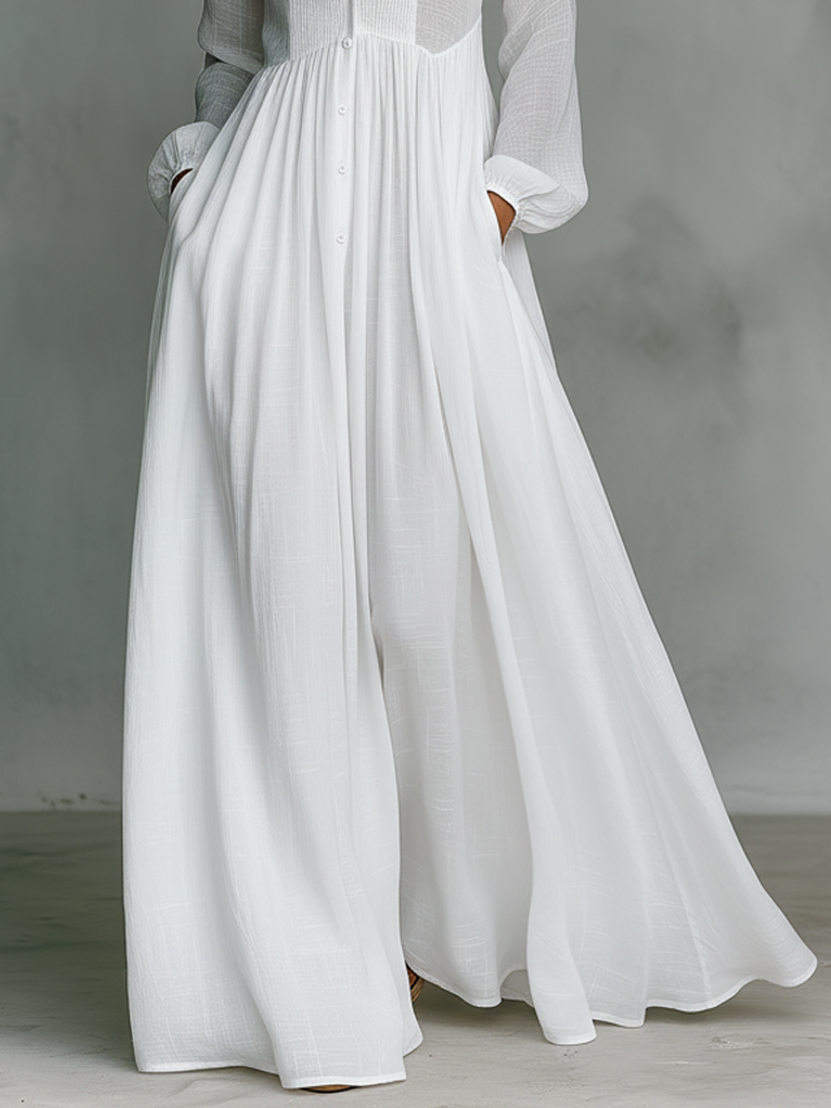 Robe Longue Formelle Décontractée En Coton Et lin Minimaliste Pour Femmes à Col Montant et Boutonnage Simple – Blanc