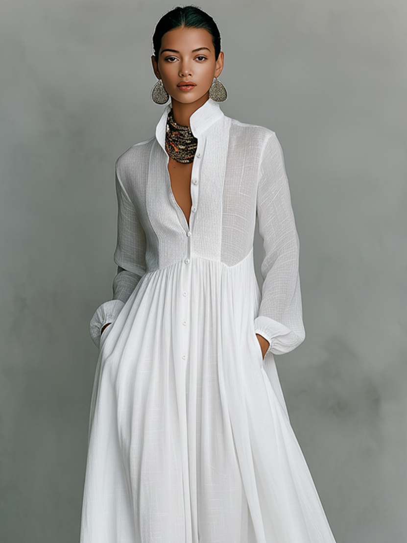 Robe Longue Formelle Décontractée En Coton Et lin Minimaliste Pour Femmes à Col Montant et Boutonnage Simple – Blanc
