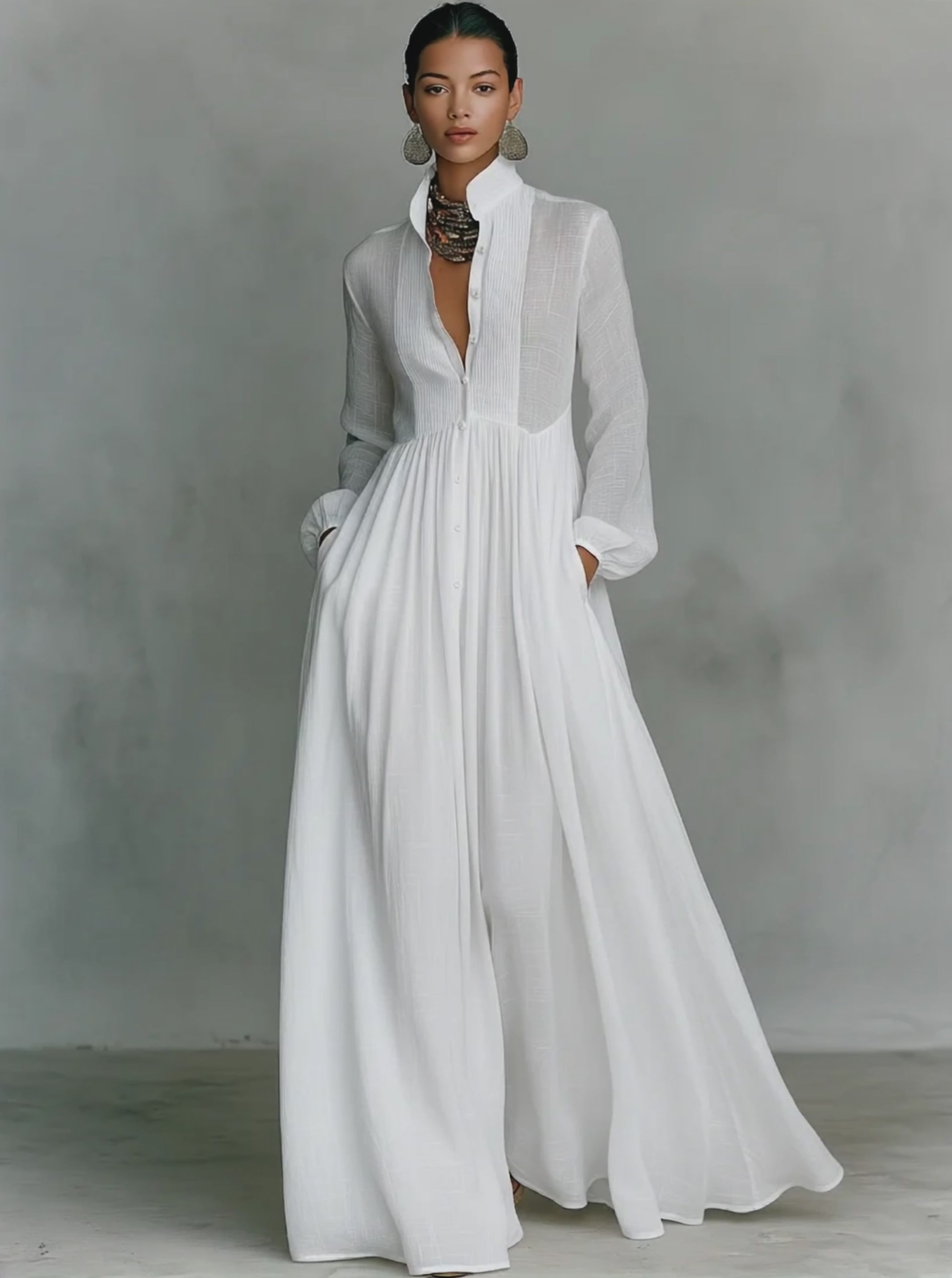 Robe Longue Formelle Décontractée En Coton Et lin Minimaliste Pour Femmes à Col Montant et Boutonnage Simple – Blanc