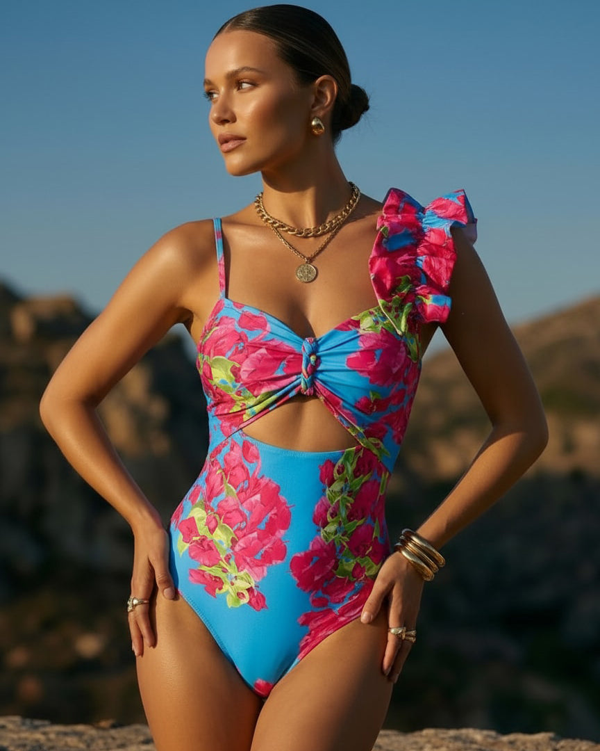 Ensemble Maillot de Bain Une Pièce Découpe Laser Floral Col V Bretelles Jupe Longue Bleu Tropical Resort Plage Vacances – Azuleiha