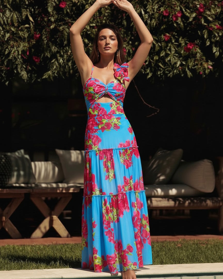 Ensemble Maillot de Bain Une Pièce Découpe Laser Floral Col V Bretelles Jupe Longue Bleu Tropical Resort Plage Vacances – Azuleiha
