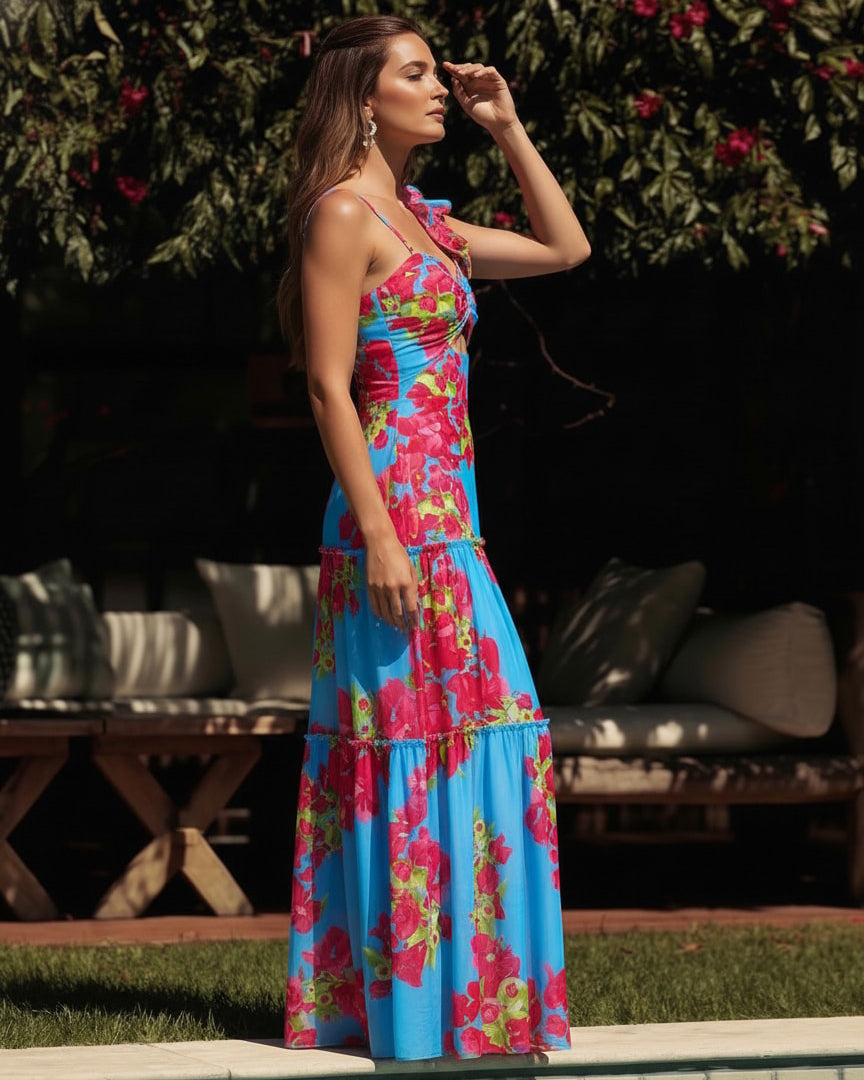 Ensemble Maillot de Bain Une Pièce Découpe Laser Floral Col V Bretelles Jupe Longue Bleu Tropical Resort Plage Vacances – Azuleiha