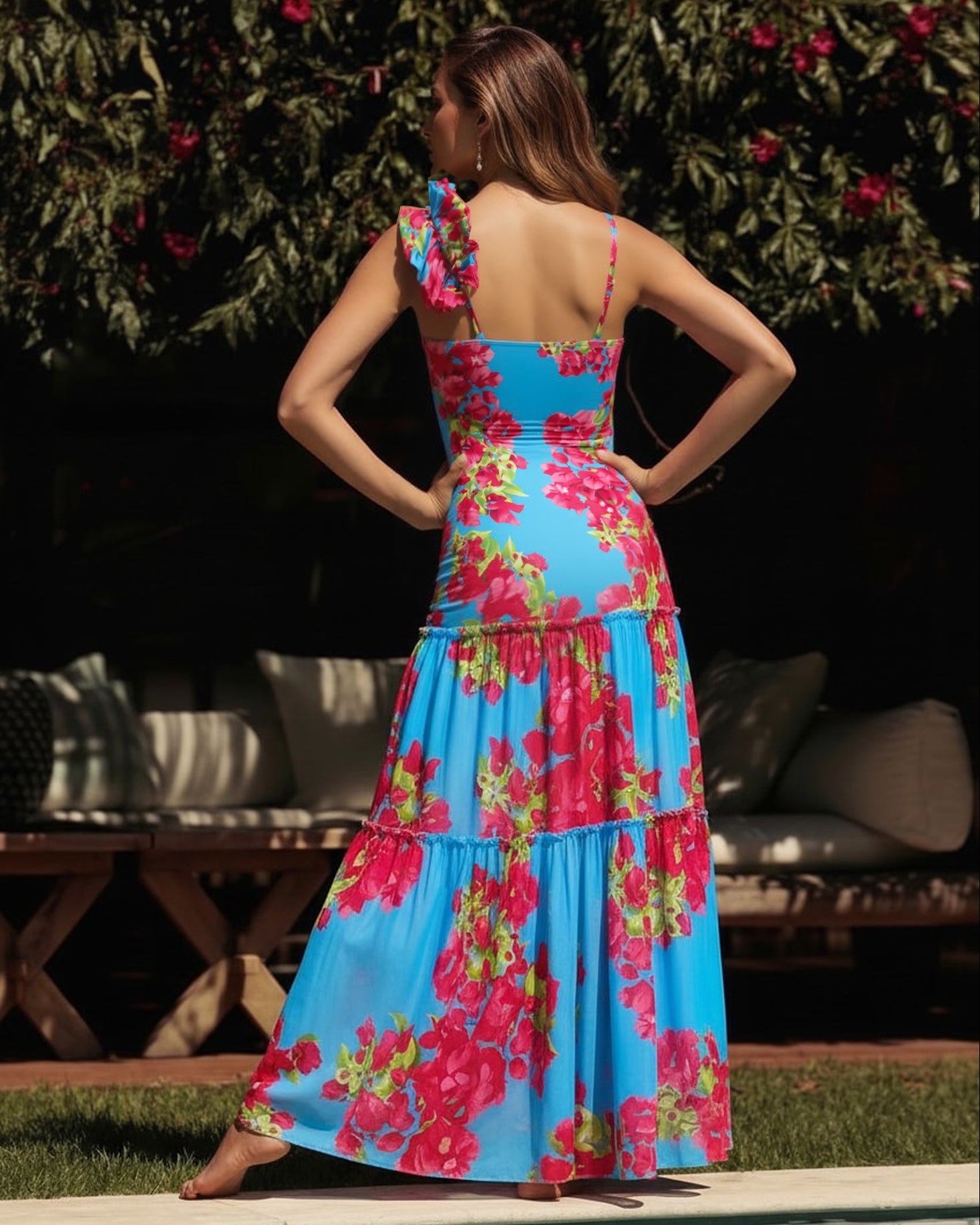 Ensemble Maillot de Bain Une Pièce Découpe Laser Floral Col V Bretelles Jupe Longue Bleu Tropical Resort Plage Vacances – Azuleiha