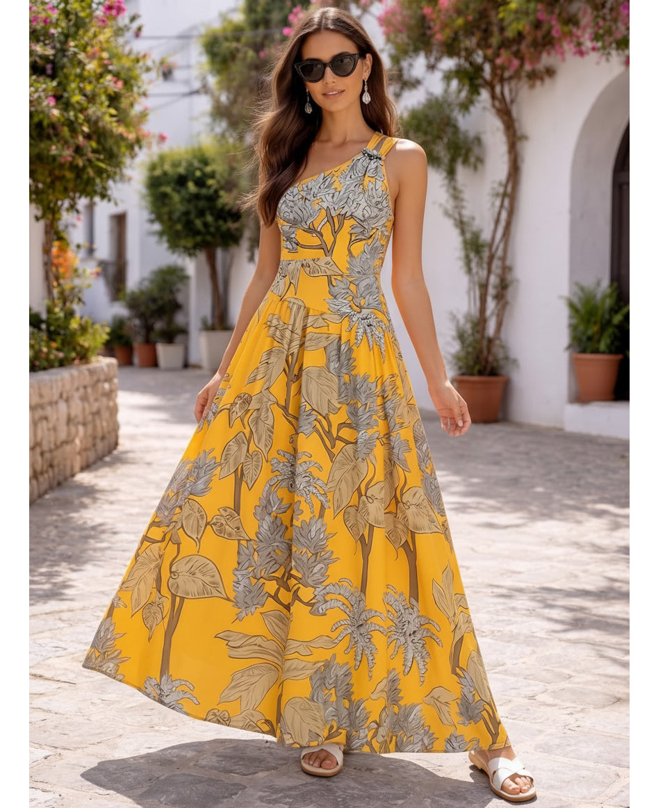 Ensemble Maillot de Bain Une Pièce Épaule Dénudée Imprimé Floral Tropical Jaune Jupe Longue Plage Resort Vacances – Soleiha