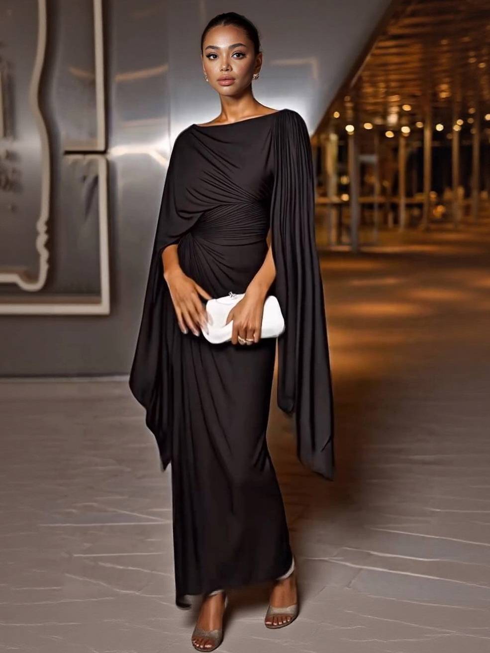 Robe Longue Femme Col Bateau Ajustée Plissée Abdomen Couvert Élégante Soirée Mariage Fête Formelle Cocktail Gala – Bateauline