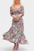 Robe Midi Élégante Femme à Épaules Dénudées, Bodice Drapé et Froncé, Florale et Féminine – Lowenna