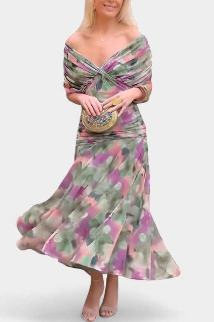 Robe Midi Élégante Femme à Épaules Dénudées, Bodice Drapé et Froncé, Florale et Féminine – Lowenna