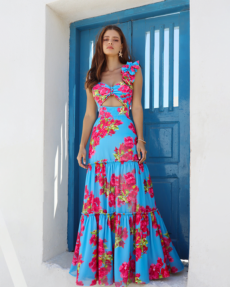 Ensemble Maillot de Bain Une Pièce Découpe Laser Floral Col V Bretelles Jupe Longue Bleu Tropical Resort Plage Vacances – Azuleiha