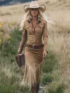 Robe Midi à Franges en Suède Rétro Western pour Femmes, Manches Longues, Col à Revers, Fermeture Éclair, Ceinturée, Silhouette Élancée, Fête Cowgirl, Festival – Tan