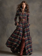 Robe longue décontractée à carreaux ethniques rétro pour femmes avec col, ceinture et manches longues – Marron rougeâtre