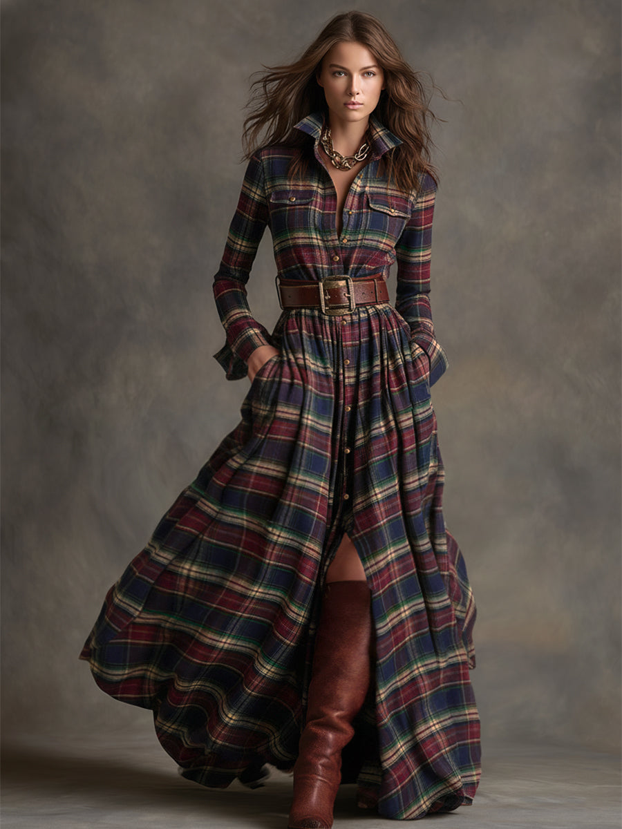 Robe longue décontractée à carreaux ethniques rétro pour femmes avec col, ceinture et manches longues – Marron rougeâtre