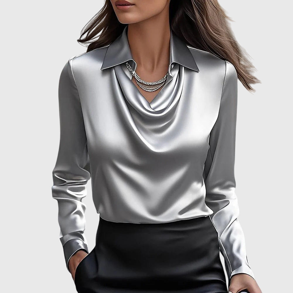Blouse Élégante en Satin pour Femme Col Drapé à Manches Longues Brillance Luxe Coupe Fluide Chic Décontracté – Brooklyn