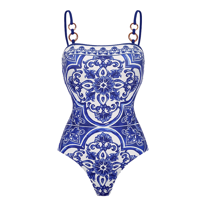 Ensemble Maillot de Bain Une Pièce Imprimé Majolique Méditerranéen Jupe Longue Short Plage Resort Vacances Été – Majolika
