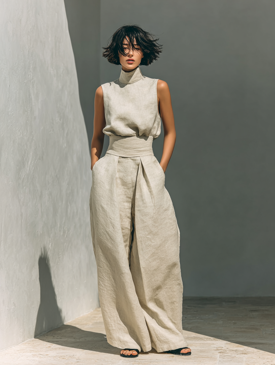 Ensemble Deux Pièces Minimaliste en Coton Lin pour Femmes, Blouse Sans Manches et Pantalon Large, Chic Décontracté – Beige