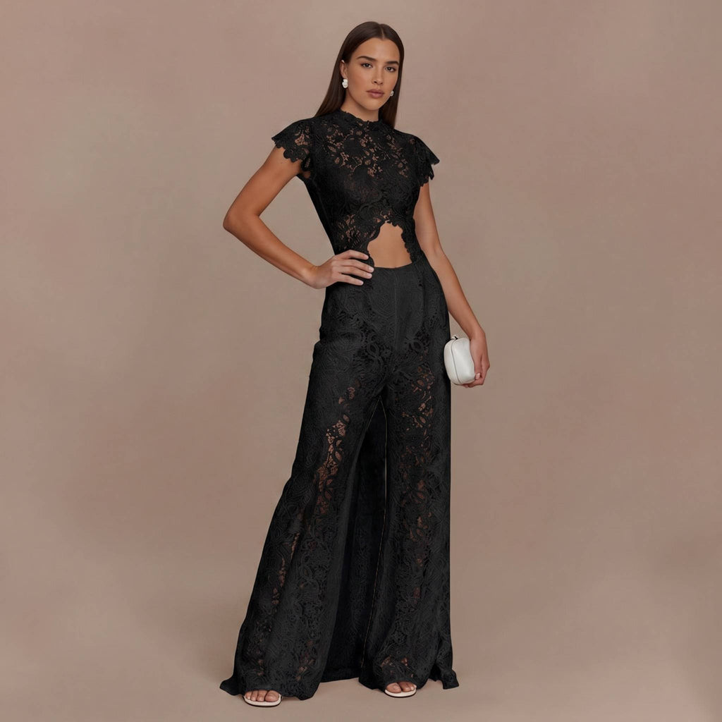 Completo Due Pezzi Donna Top Pizzo Maniche Lunghe Traforato Pantalone Largo Coordinato Matrimonio Serata Festa Cerimonia – Dentellina