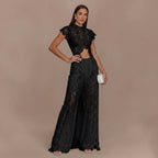 Completo Due Pezzi Donna Top Pizzo Maniche Lunghe Traforato Pantalone Largo Coordinato Matrimonio Serata Festa Cerimonia – Dentellina