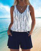 Ensemble Tankini à Rayures avec Poche V-Cou pour Femmes, Short Uni, Plage, Piscine, Vacances, Resort, Décontracté, Été, Actif – Nautica