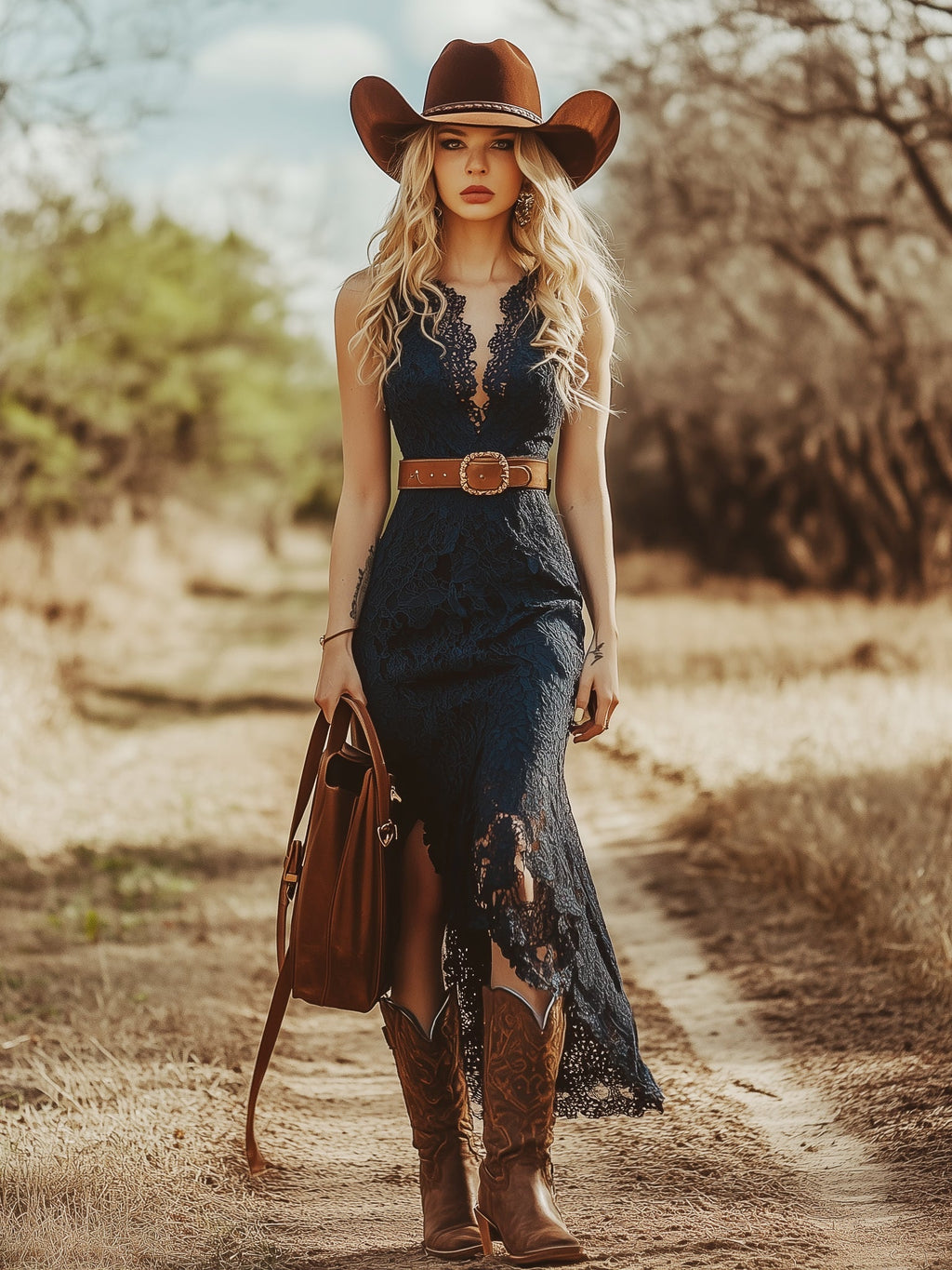 Robe Midi Sans Manches en Dentelle Vintage Boho pour Femmes – Bleu Marine