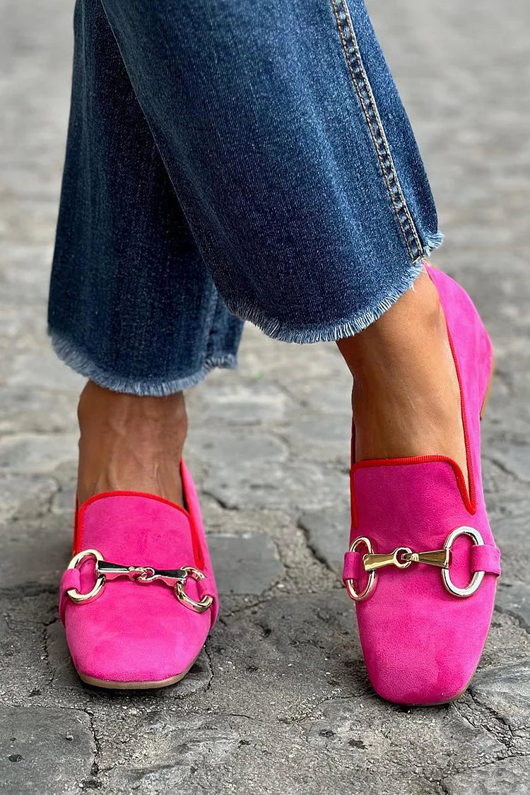 Mocassins Plats Femme en Daim Détail Métallique Doré Semelle Caoutchouc Confort Quotidien Casual Chic Bureau Printemps Été – Rose Fuchsia