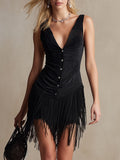Robe Mini Sans Manches en Suédine Synthétique avec Franges et Tassels Western Rétro pour Femmes – Noir