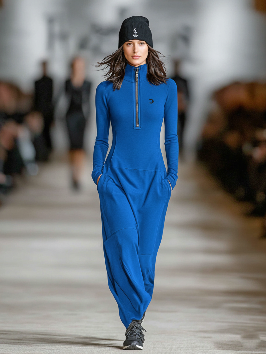 Robe Longue en Mélange de Coton pour Femmes avec Col Mi-Haut et Fermeture Éclair, Coupe Ample, Style Décontracté Athleisure – Noir