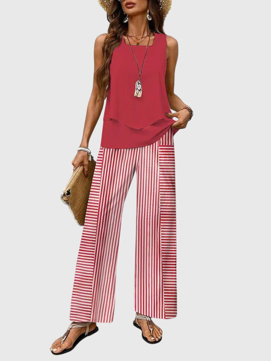 Ensemble d'Été Élégant 2 Pièces pour Femmes Haut à Col Carré Pantalons Amples Imprimé Floral Décontracté Chic – Brenda