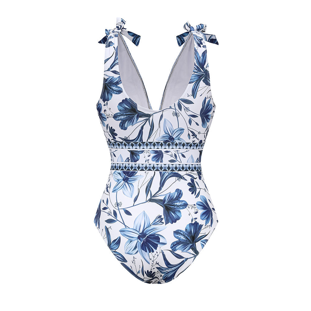 Ensemble Maillot de Bain Une Pièce Col V Lacets Jupe Longue Florale Imprimée Plage Resort Vacances Été – Botanique