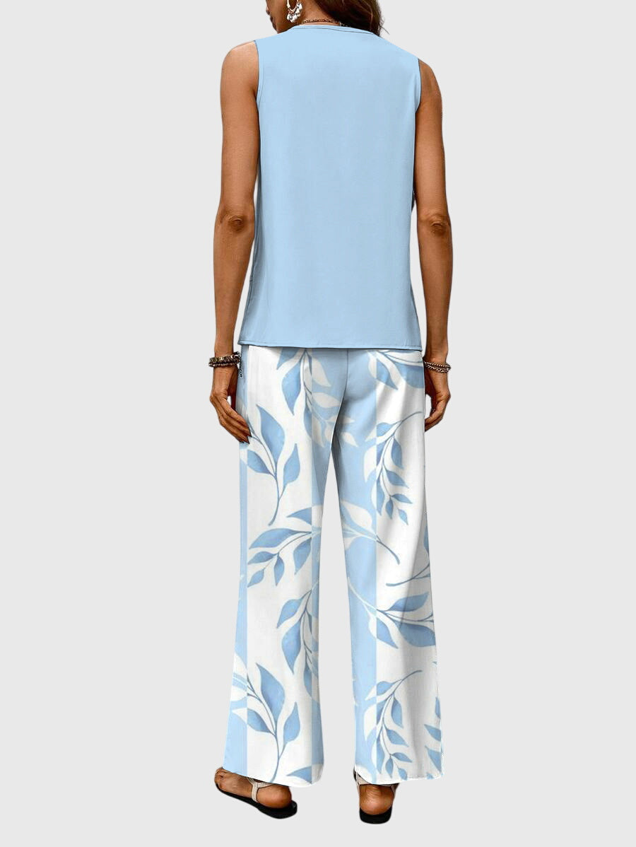 Ensemble d'Été Élégant 2 Pièces pour Femmes Haut à Col Carré Pantalons Amples Imprimé Floral Décontracté Chic – Brenda