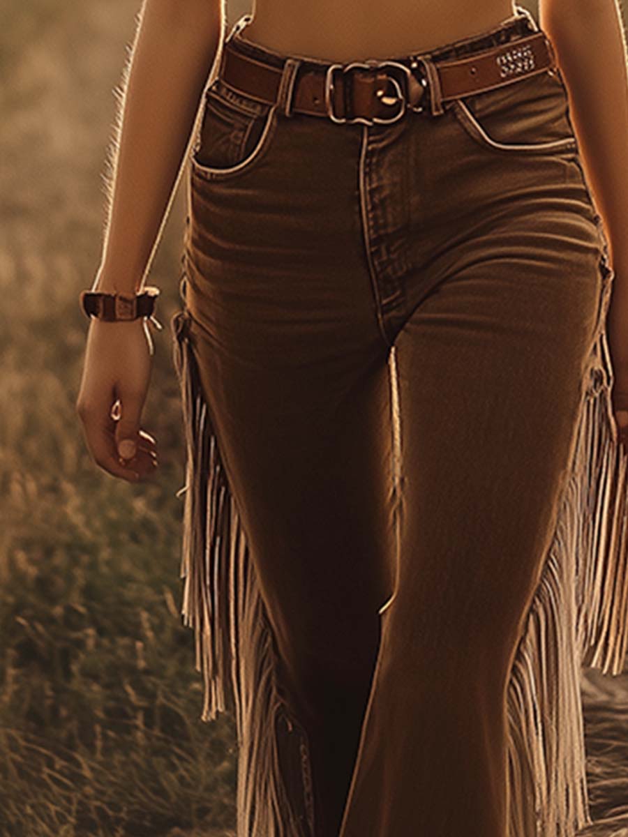Jeans Évasés Vintage Western Pour Femmes Avec Franges – Marron