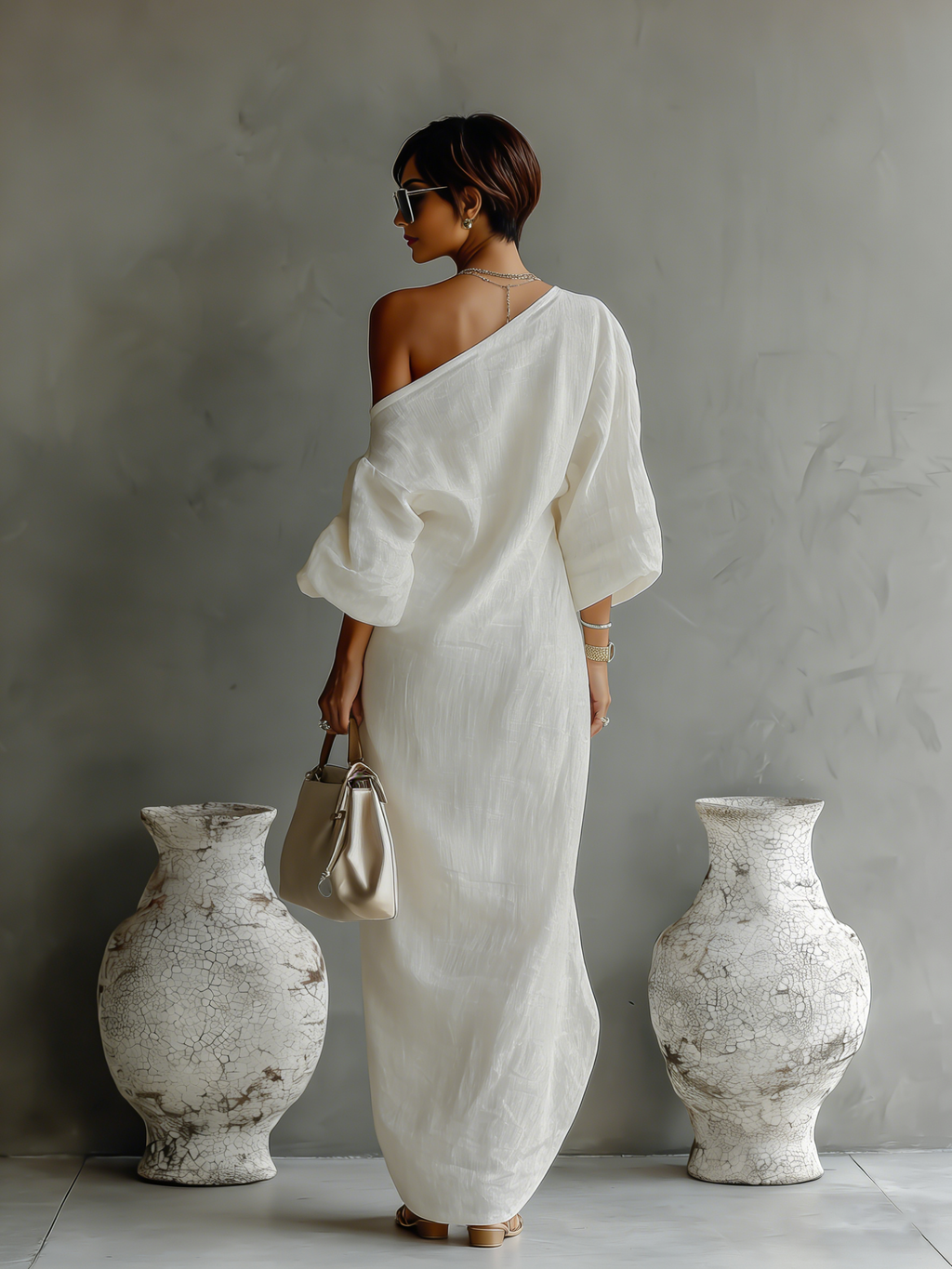 Abito lungo elegante monospalla da donna in cotone lino fluido per serate formali e invitate a matrimoni – Bianco avorio