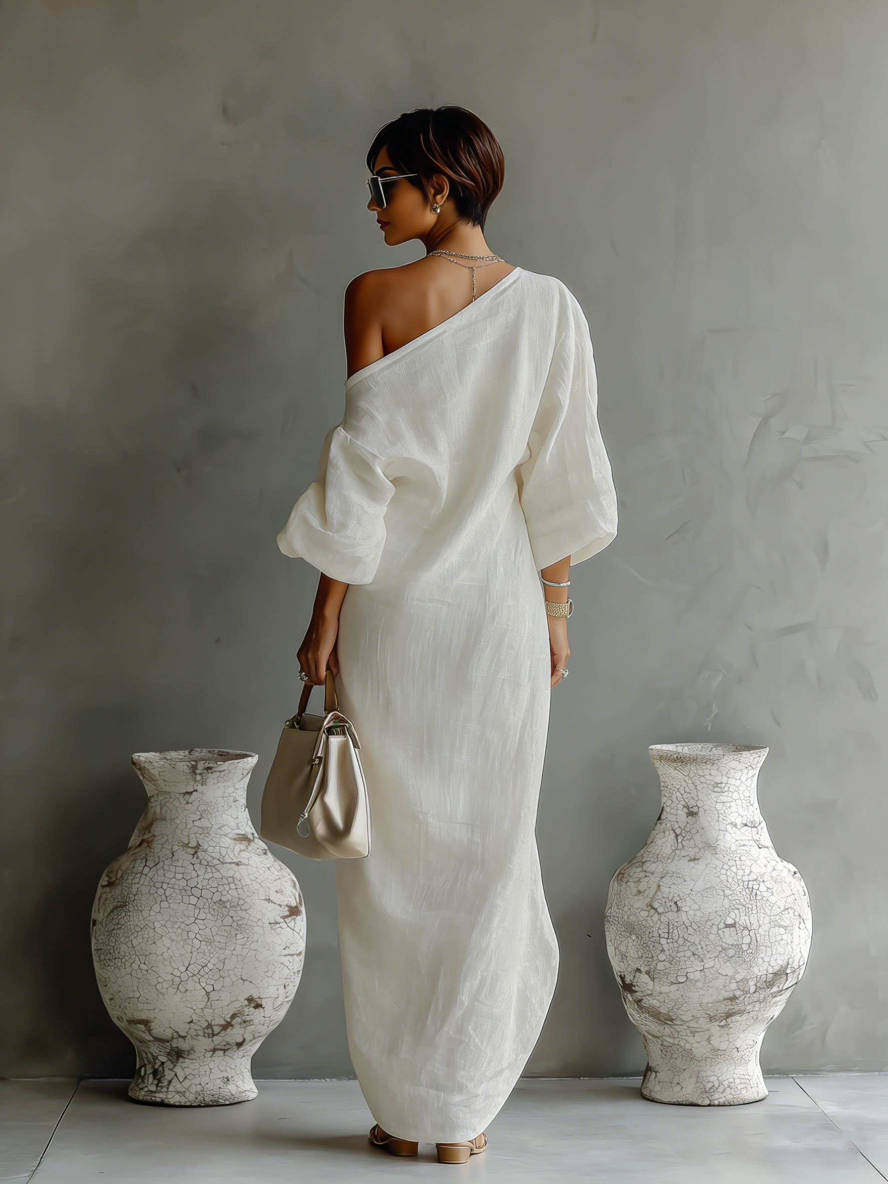 Robe Longue Élégante à Une Épaule pour Femmes en Coton Lin Fluide pour Soirées Formelles Invitées de Mariage – Blanc Ivoire