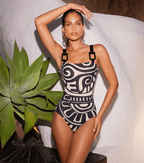 Maillot de bain une pièce à imprimé tribal pour femmes & ensemble jupe longue à bretelles réglables – Noir & Blanc