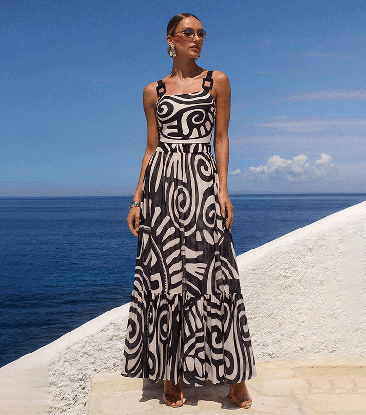Maillot de bain une pièce à imprimé tribal pour femmes & ensemble jupe longue à bretelles réglables – Noir & Blanc