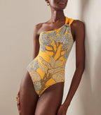 Ensemble Maillot de Bain Une Pièce Épaule Dénudée Imprimé Floral Tropical Jaune Jupe Longue Plage Resort Vacances – Soleiha