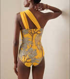 Ensemble Maillot de Bain Une Pièce Épaule Dénudée Imprimé Floral Tropical Jaune Jupe Longue Plage Resort Vacances – Soleiha