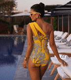 Ensemble Maillot de Bain Une Pièce Épaule Dénudée Imprimé Floral Tropical Jaune Jupe Longue Plage Resort Vacances – Soleiha