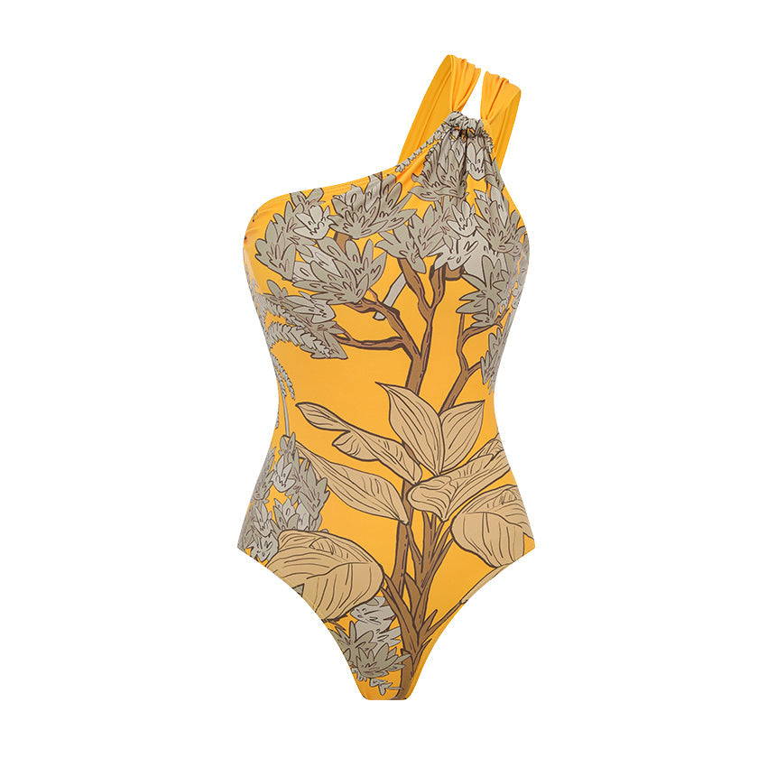 Ensemble Maillot de Bain Une Pièce Épaule Dénudée Imprimé Floral Tropical Jaune Jupe Longue Plage Resort Vacances – Soleiha