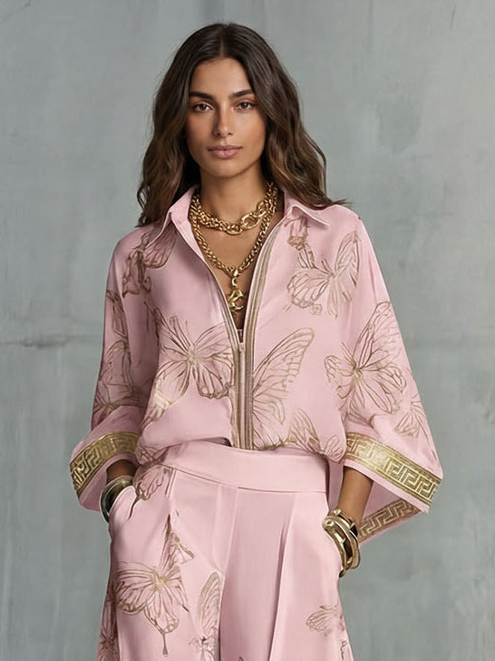 Pantaloni Donna Gamba Larga Fluidi Stampa Farfalle Eleganti Casual Chic Vacanze Lavoro Serata Informale – Papillona