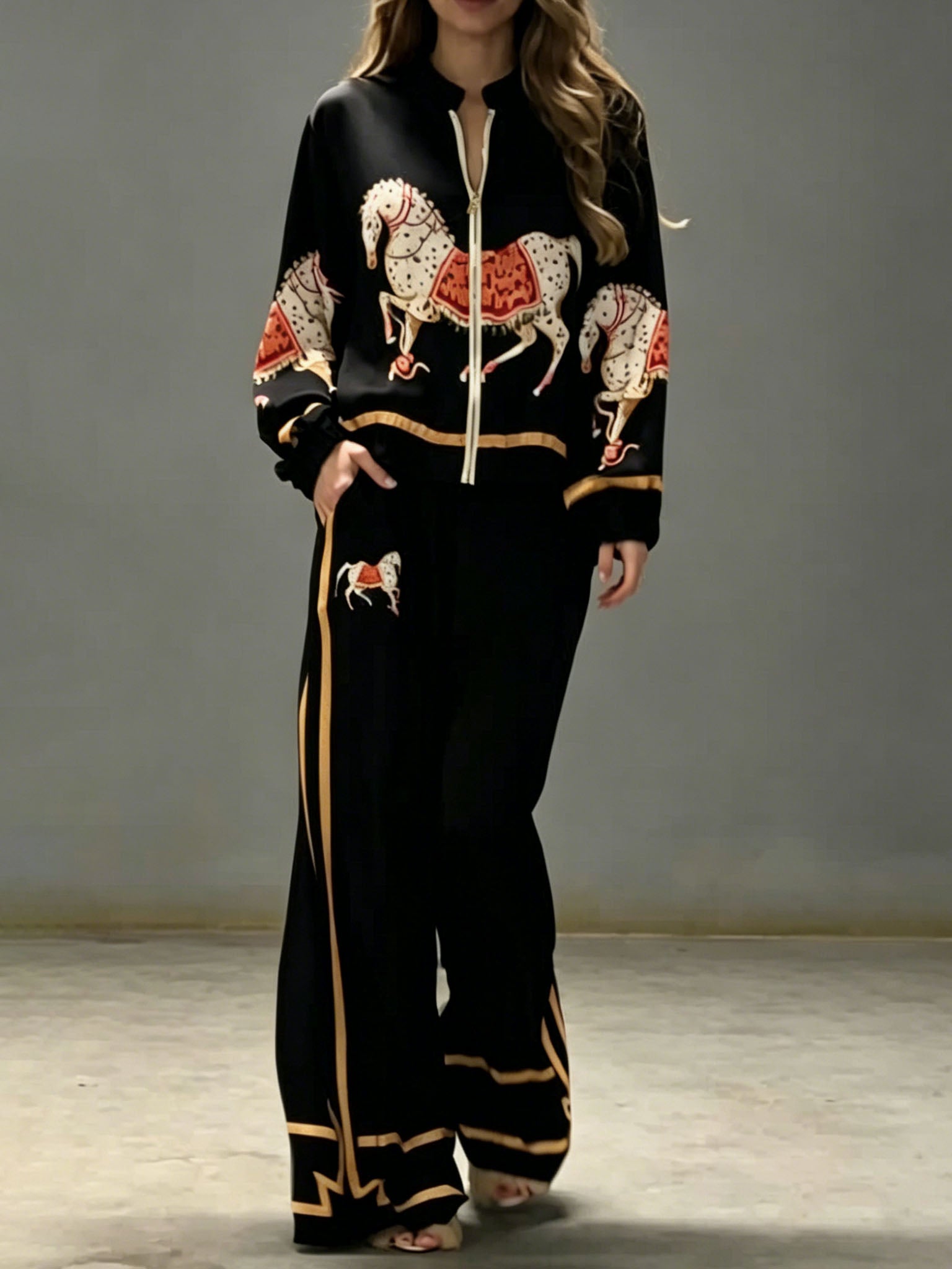 Ensemble Deux Pièces Femme Satin Veste Zippée Pantalon Large Imprimé Équestre Cheval Casual Chic Soirée Élégant Vacances – Équinova