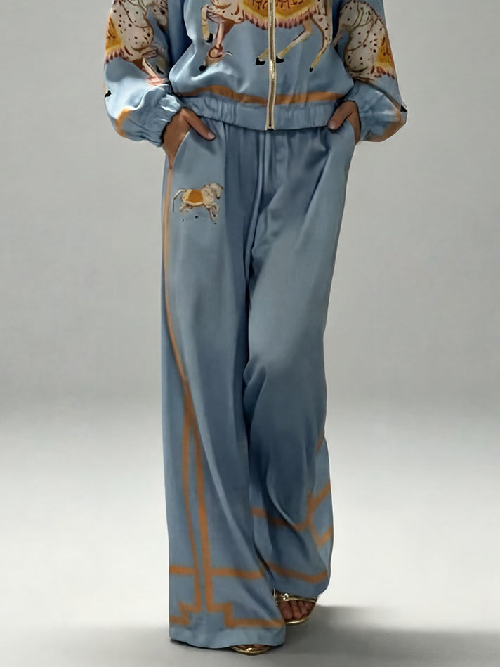 Ensemble Deux Pièces Femme Satin Veste Zippée Pantalon Large Imprimé Équestre Cheval Casual Chic Soirée Élégant Vacances – Équinova